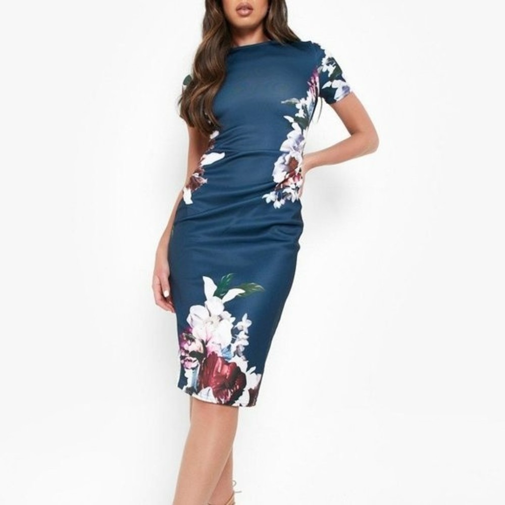 Navy Blue Floral Pleated Midi Summer Dress (Size 4)